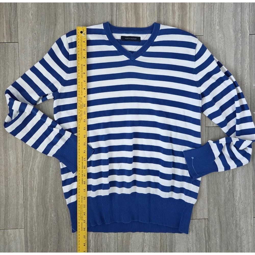 Tommy Hilfiger Womens Blue White Striped V-Neck Knit Sweater Size M/L